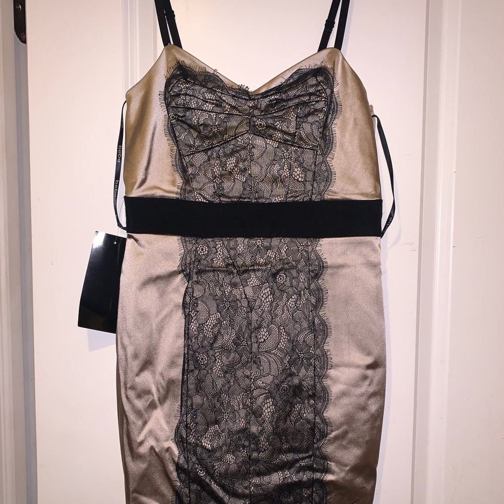 Bebe Champagne, satin and lace evening dress